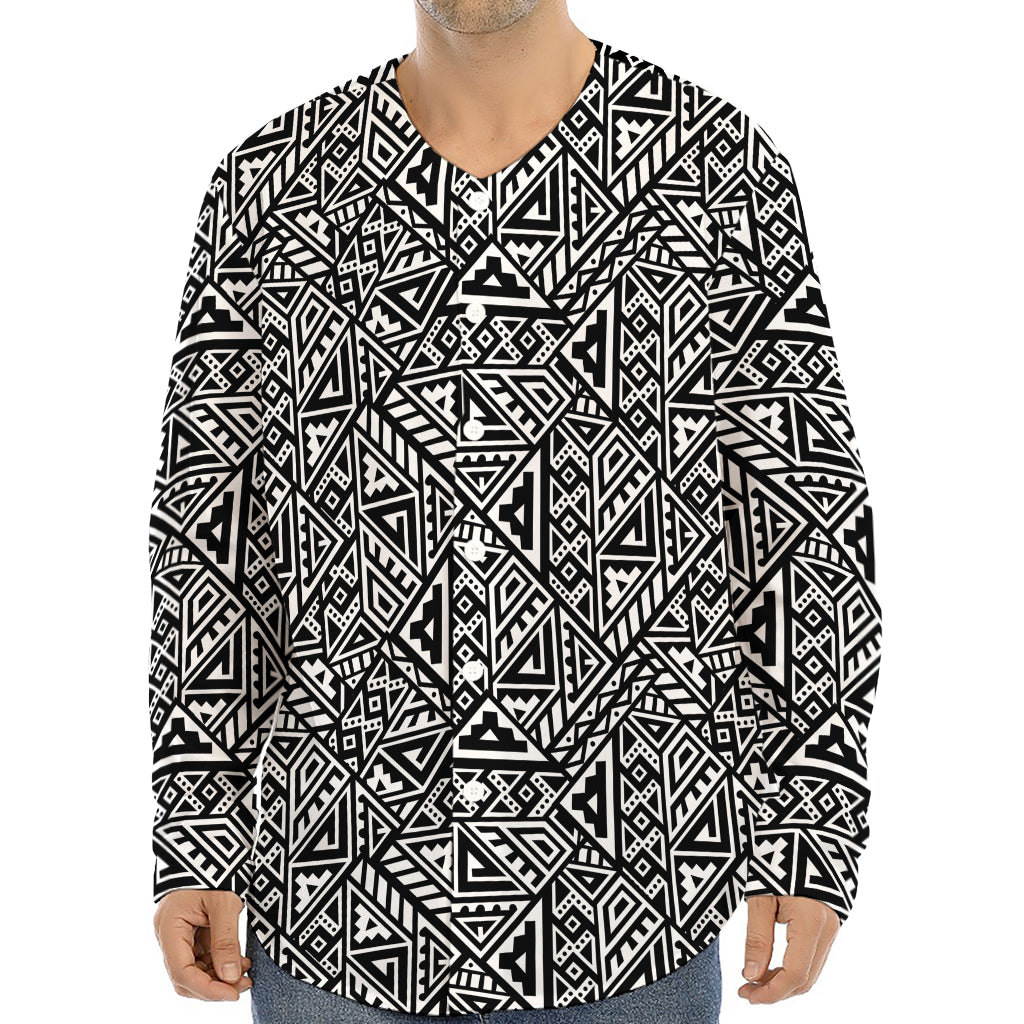 Black And White African Inspired Print Long Sleeve Baseball Jersey