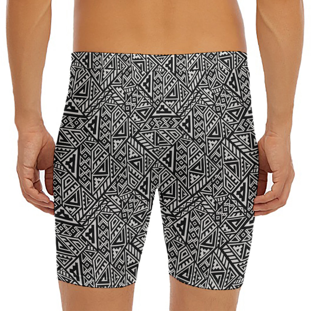 Black And White African Inspired Print Men's Long Boxer Briefs