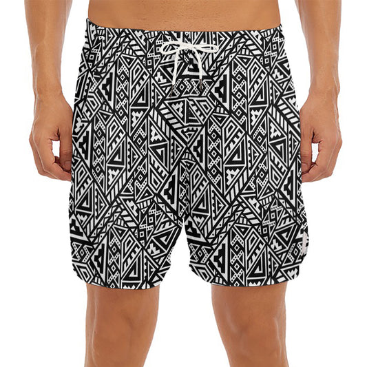 Black And White African Inspired Print Men's Split Running Shorts