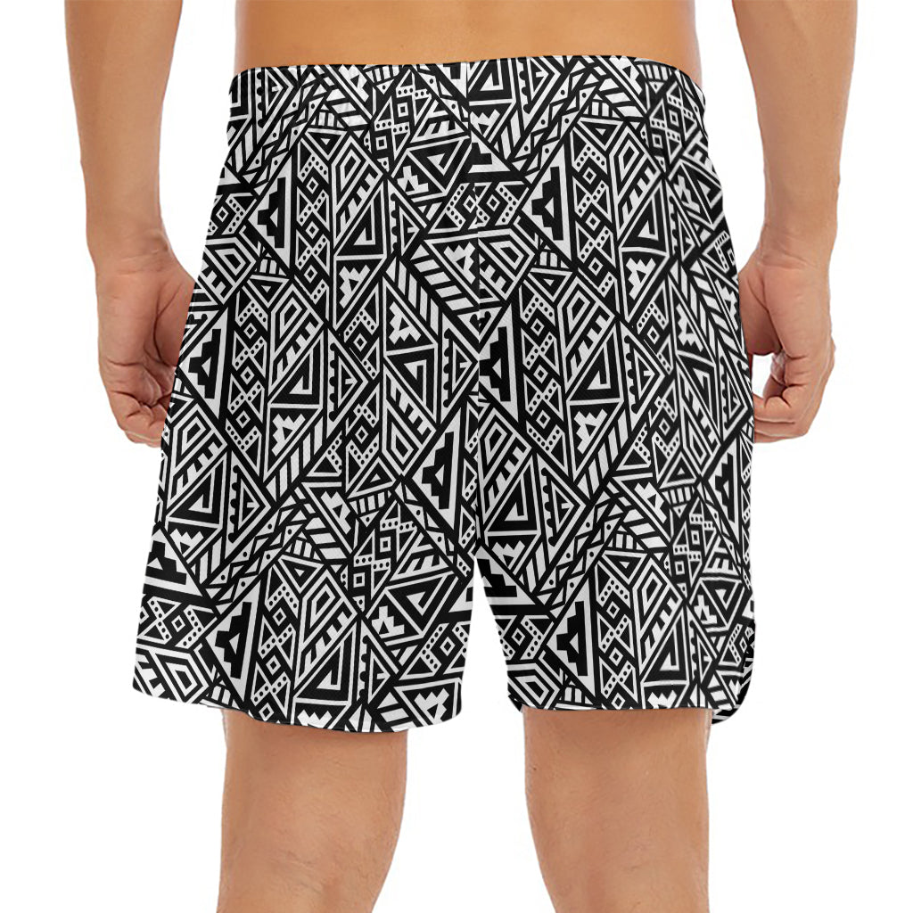 Black And White African Inspired Print Men's Split Running Shorts