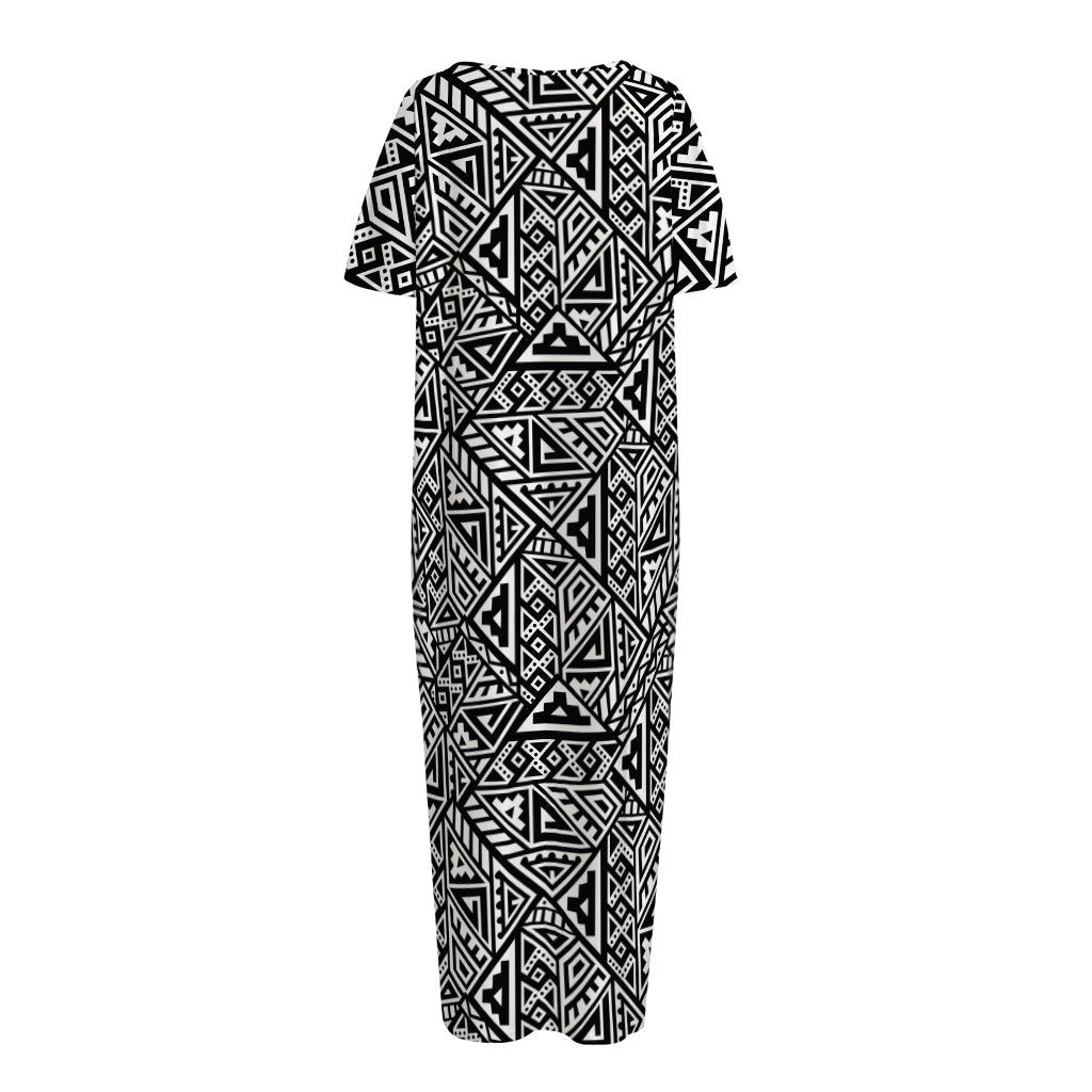 Black And White African Inspired Print Short Sleeve Long Nightdress