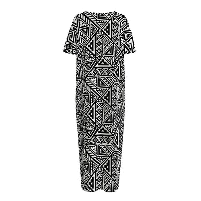 Black And White African Inspired Print Short Sleeve Long Nightdress