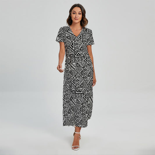 Black And White African Inspired Print Short Sleeve Maxi Dress