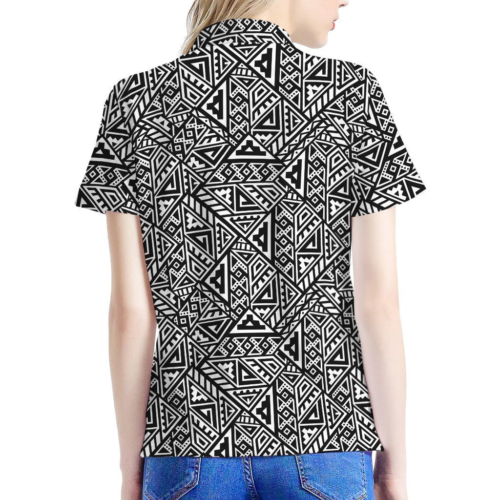 Black And White African Inspired Print Women's Polo Shirt
