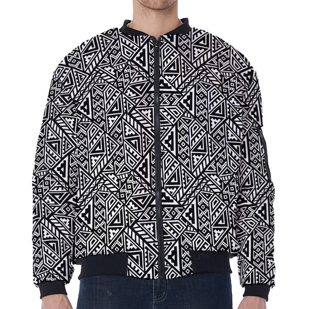 Black And White African Inspired Print Zip Sleeve Bomber Jacket