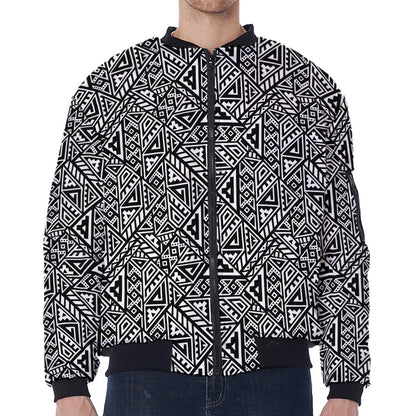 Black And White African Inspired Print Zip Sleeve Bomber Jacket