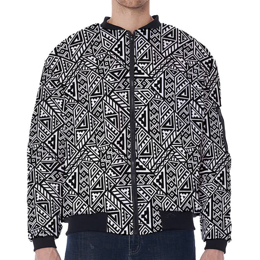 Black And White African Inspired Print Zip Sleeve Bomber Jacket