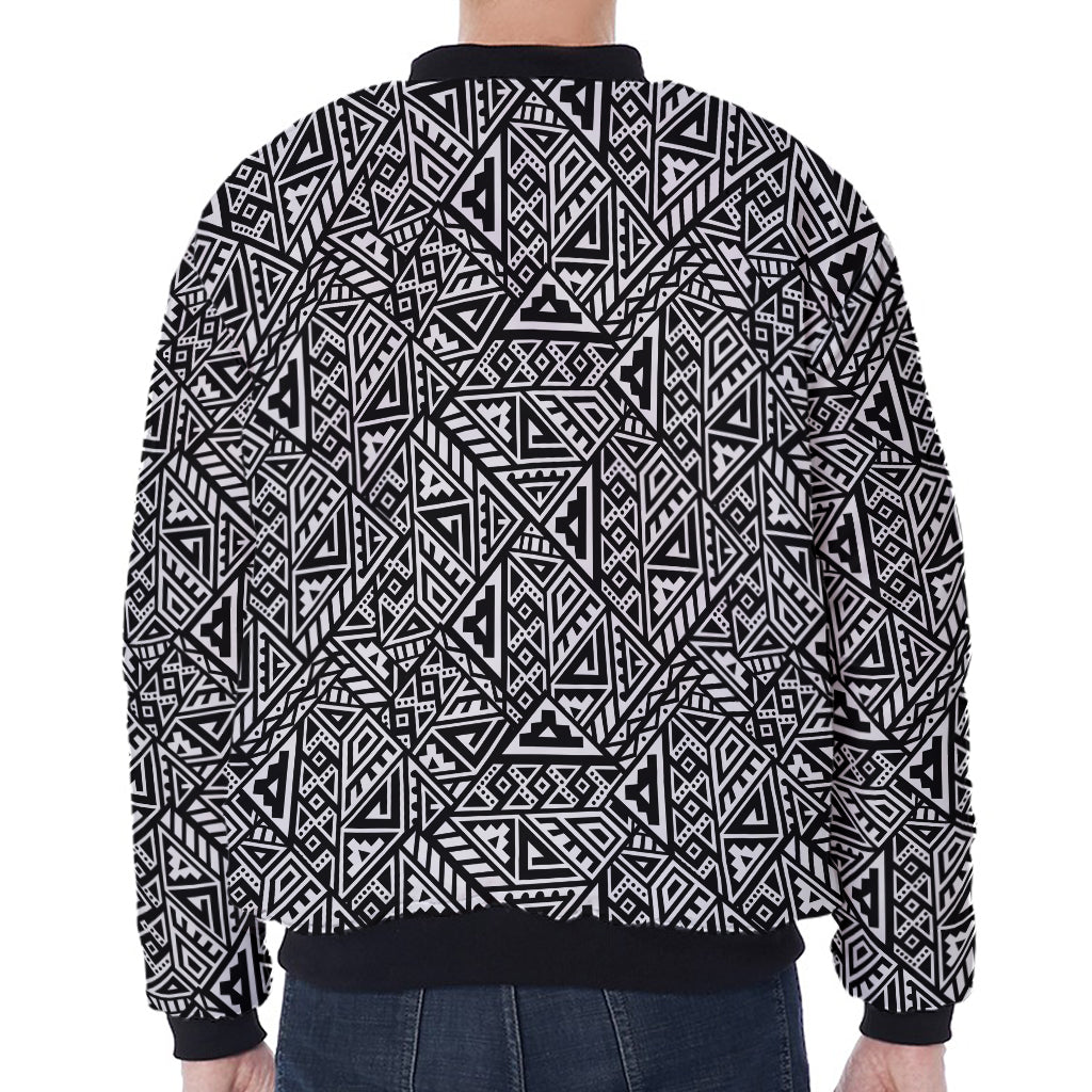 Black And White African Inspired Print Zip Sleeve Bomber Jacket
