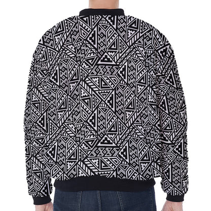 Black And White African Inspired Print Zip Sleeve Bomber Jacket
