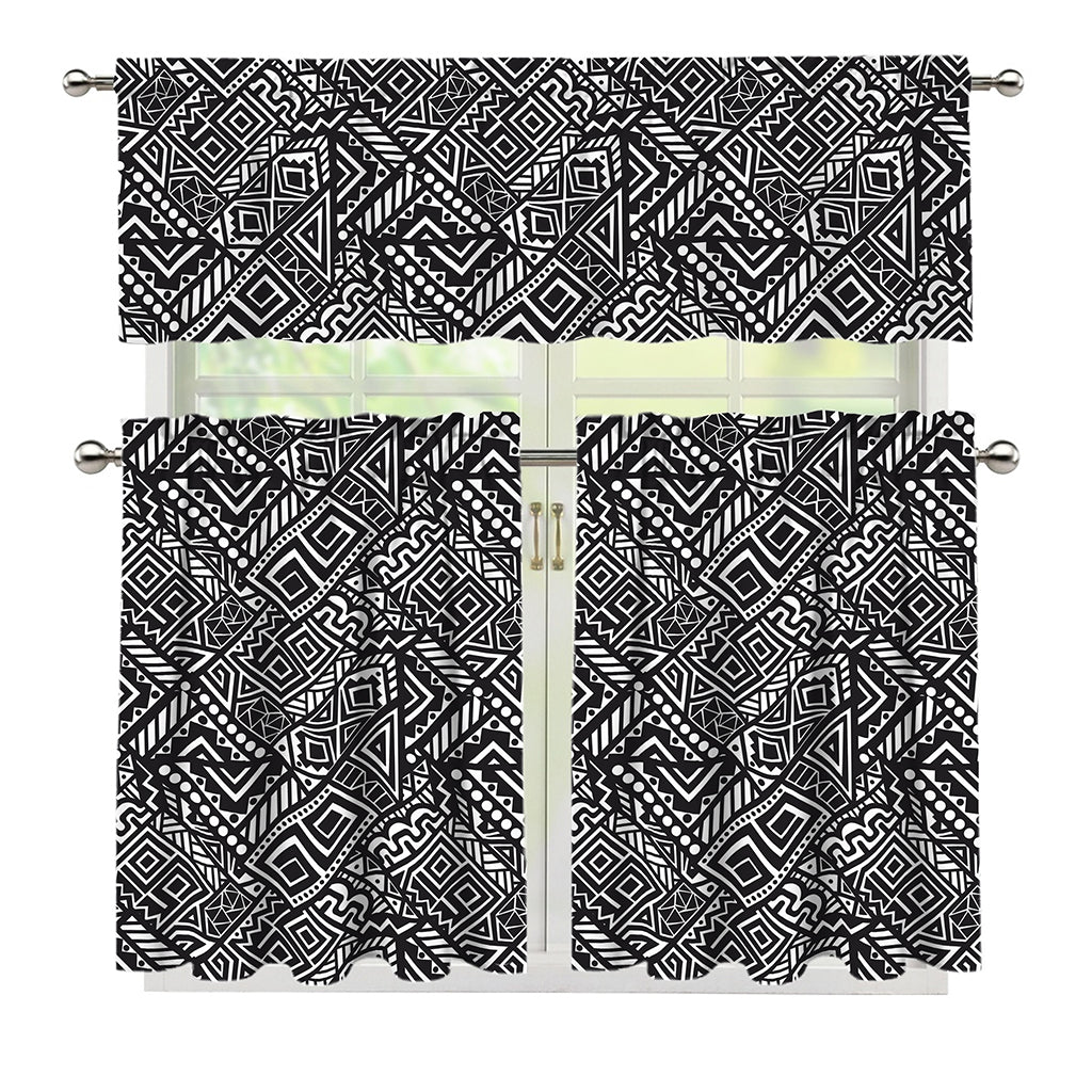 Black And White African Tribal Print 3 Piece Kitchen Curtains