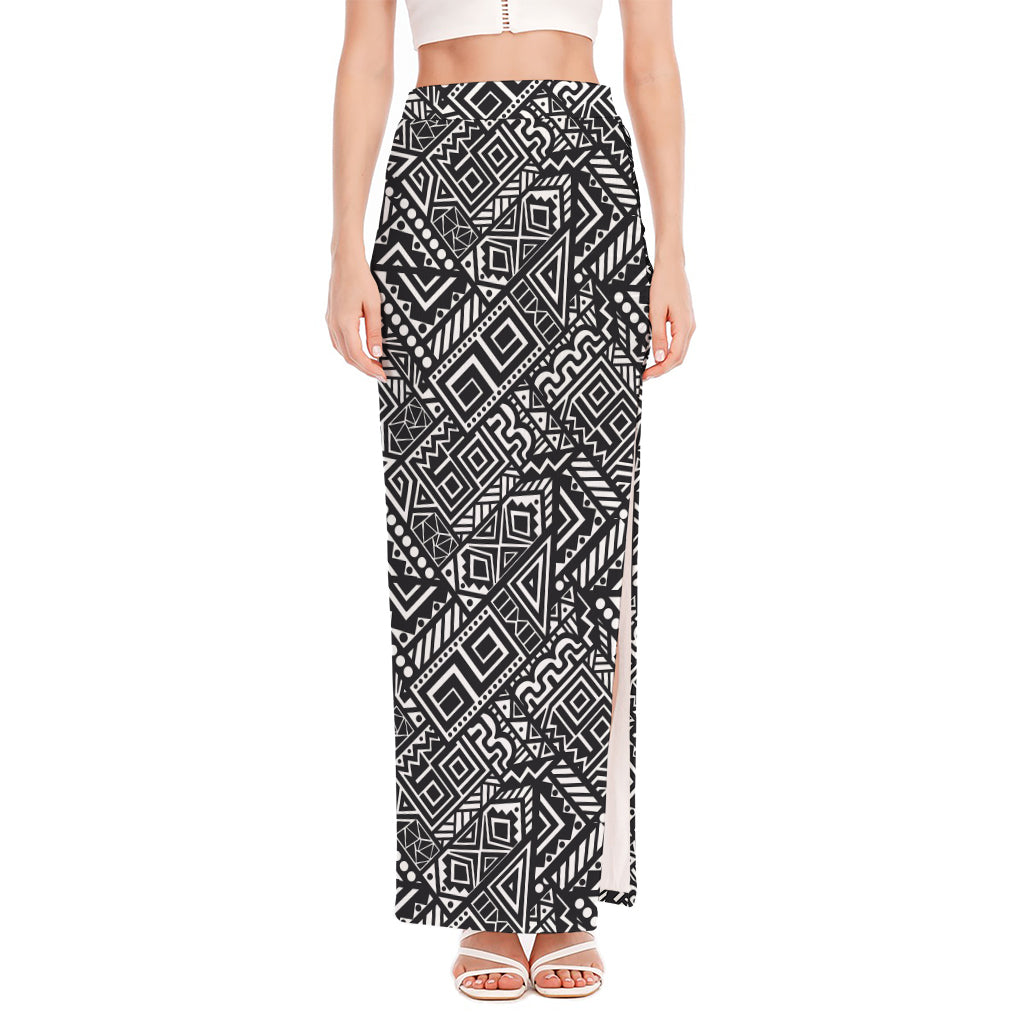 Black And White African Tribal Print High Slit Maxi Skirt