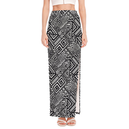 Black And White African Tribal Print High Slit Maxi Skirt