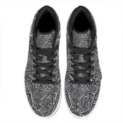Black And White African Tribal Print High Top Leather Sneakers