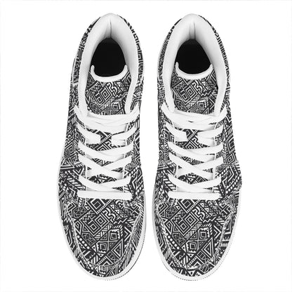 Black And White African Tribal Print High Top Leather Sneakers