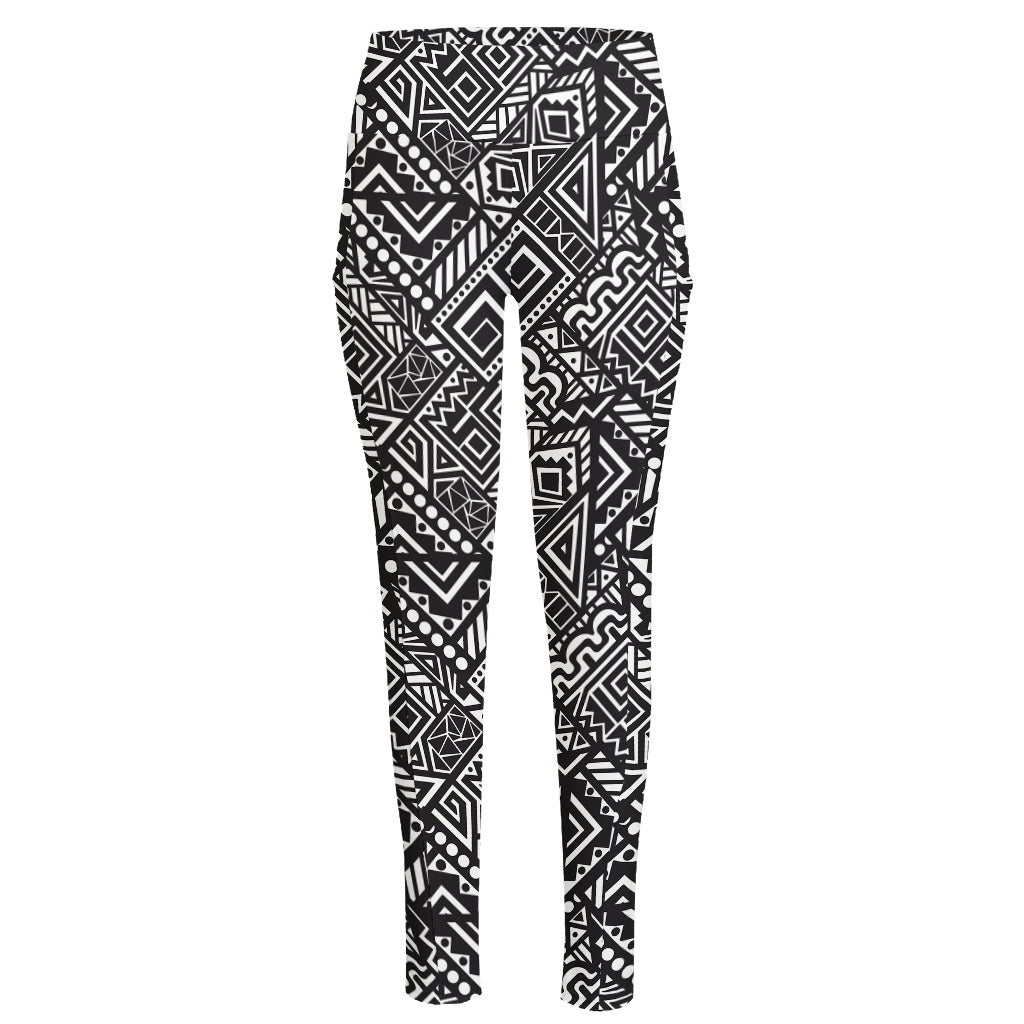 Black And White African Tribal Print High-Waisted Pocket Leggings