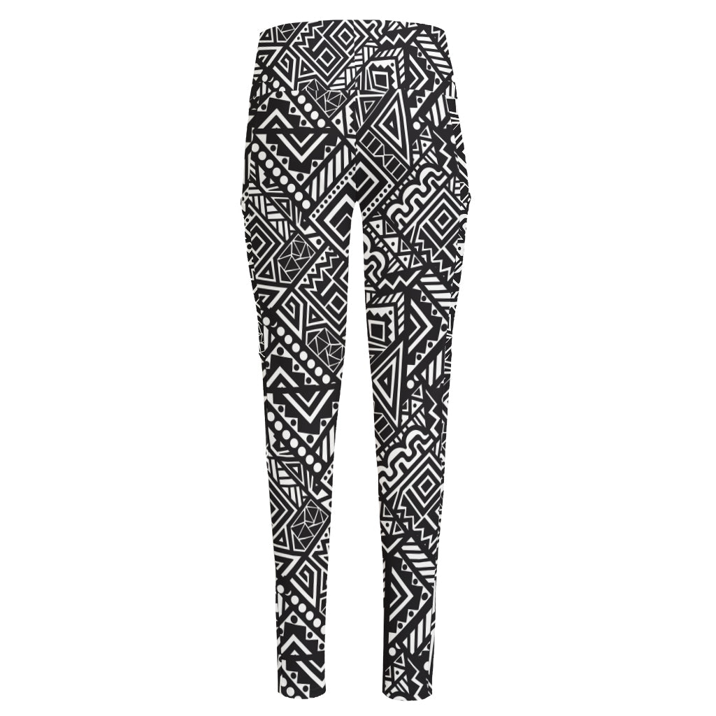 Black And White African Tribal Print High-Waisted Pocket Leggings