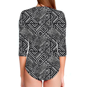 Black And White African Tribal Print Long Sleeve Swimsuit