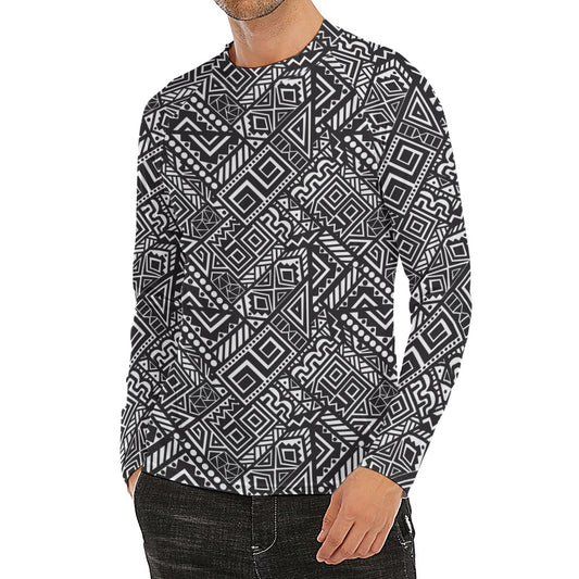 Black And White African Tribal Print Men's Long Sleeve Rash Guard