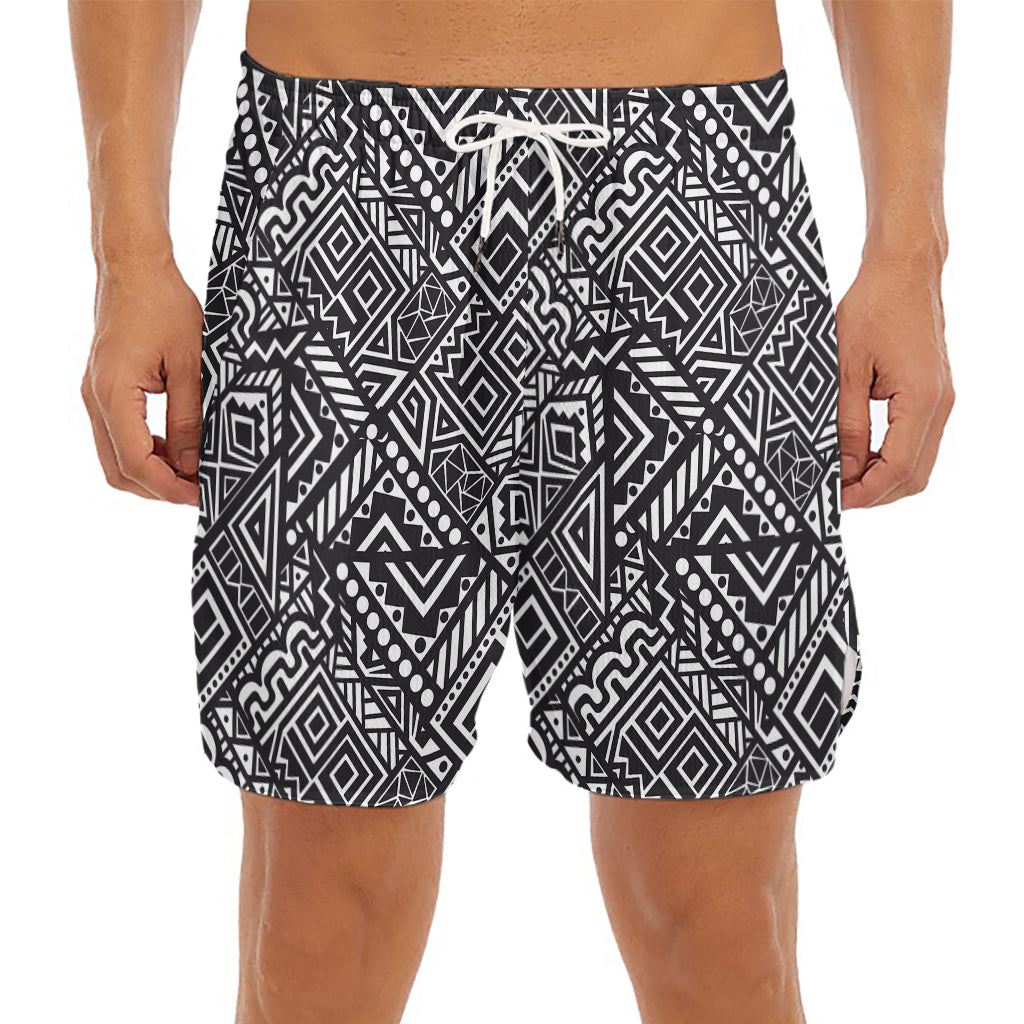 Black And White African Tribal Print Men's Split Running Shorts