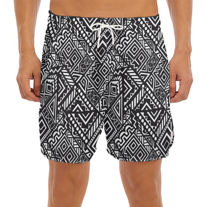 Black And White African Tribal Print Men's Split Running Shorts