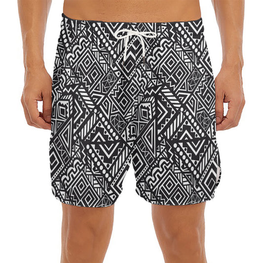 Black And White African Tribal Print Men's Split Running Shorts