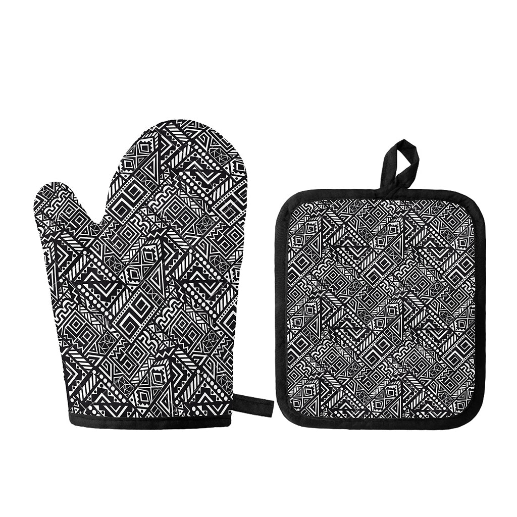 Black And White African Tribal Print Oven Mitt And Pot Holder Set