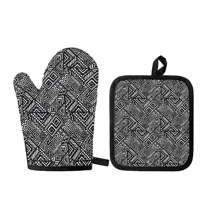 Black And White African Tribal Print Oven Mitt And Pot Holder Set