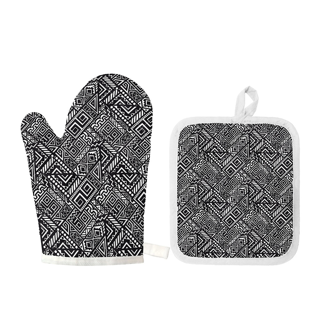 Black And White African Tribal Print Oven Mitt And Pot Holder Set