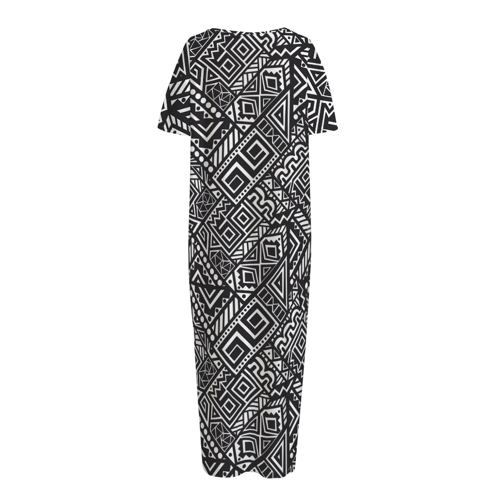 Black And White African Tribal Print Short Sleeve Long Nightdress