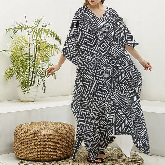 Black And White African Tribal Print Silk V-Neck Kaftan Dress