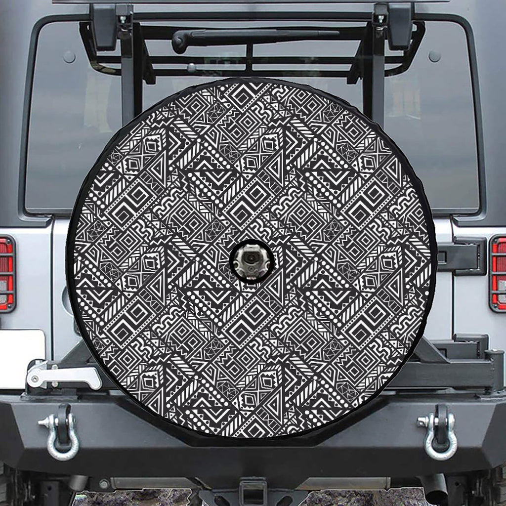 Black And White African Tribal Print Tire Cover With Camera Hole