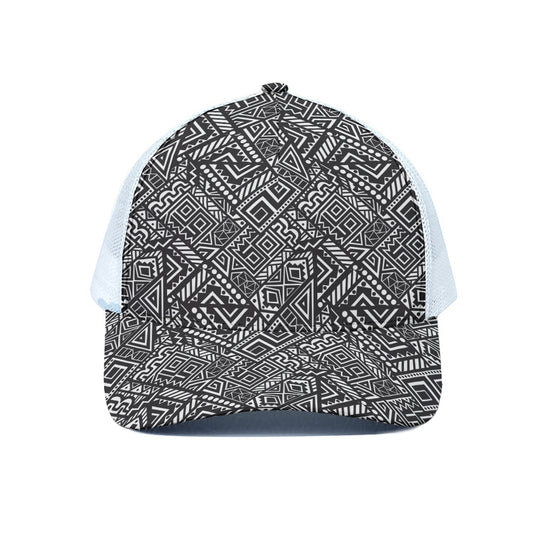 Black And White African Tribal Print White Mesh Trucker Cap