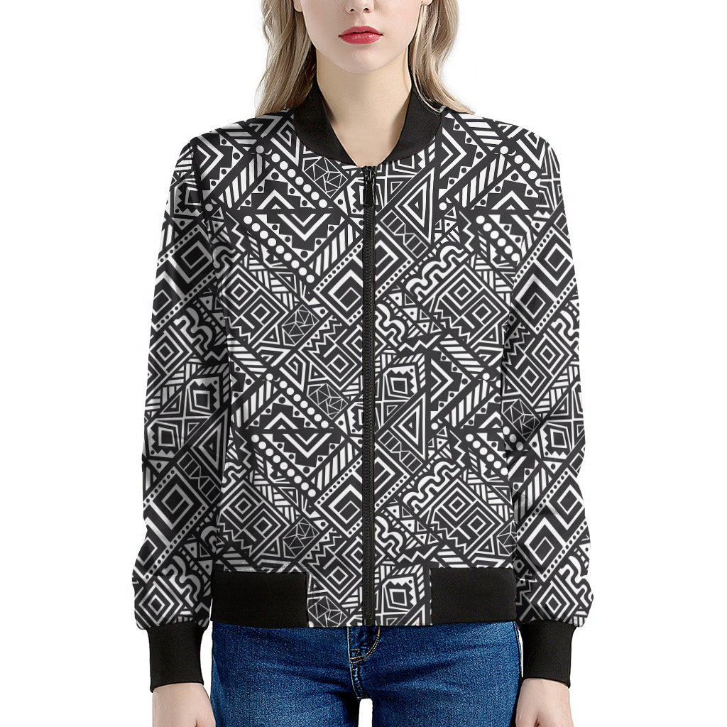 Black And White African Tribal Print Women's Bomber Jacket