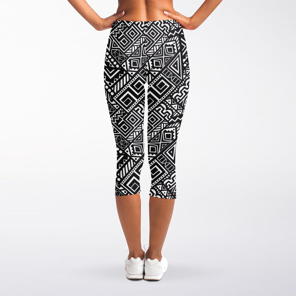 Black And White African Tribal Print Women's Capri Leggings