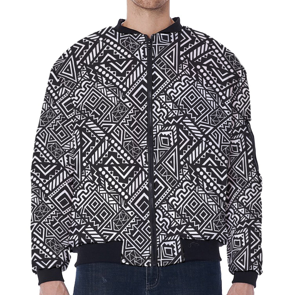 Black And White African Tribal Print Zip Sleeve Bomber Jacket