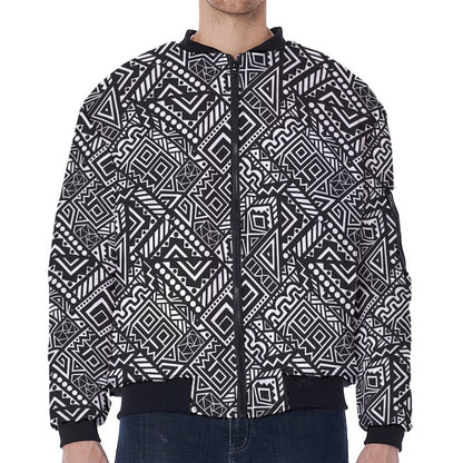 Black And White African Tribal Print Zip Sleeve Bomber Jacket