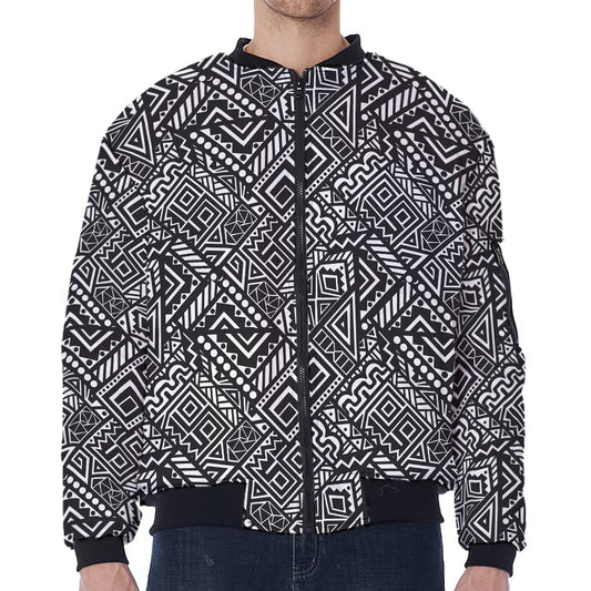 Black And White African Tribal Print Zip Sleeve Bomber Jacket