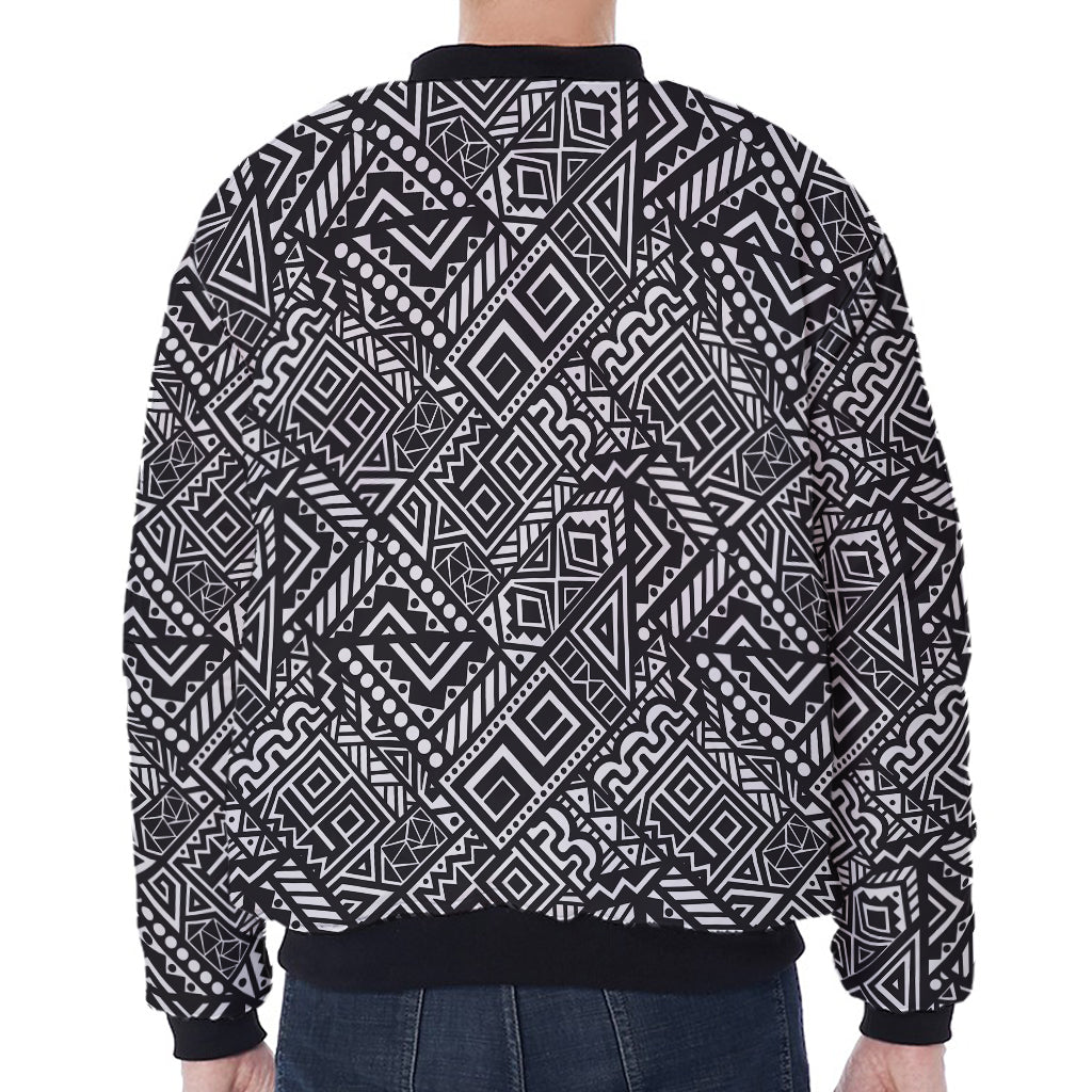 Black And White African Tribal Print Zip Sleeve Bomber Jacket