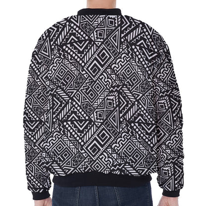 Black And White African Tribal Print Zip Sleeve Bomber Jacket