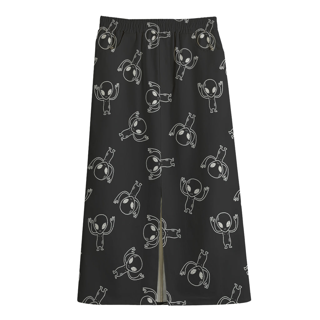 Black And White Alien Print Cotton Front Slit Maxi Skirt