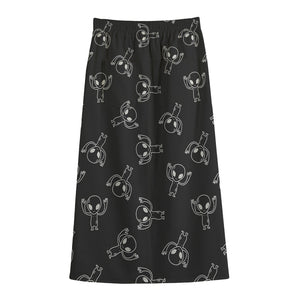 Black And White Alien Print Cotton Front Slit Maxi Skirt