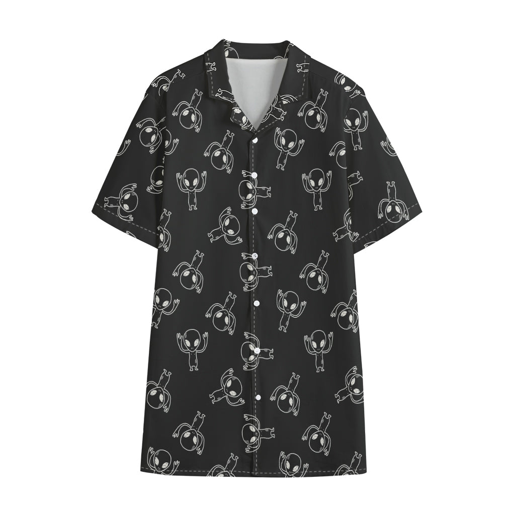 Black And White Alien Print Cotton Hawaiian Shirt