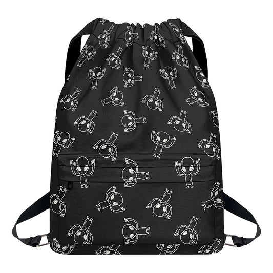Black And White Alien Print Drawstring Backpack