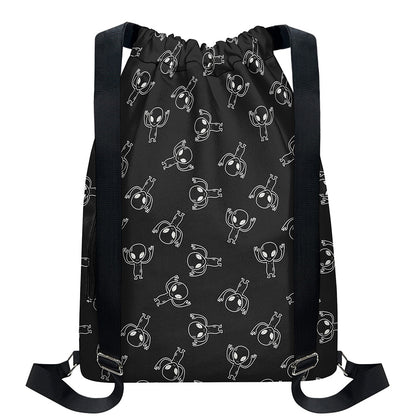 Black And White Alien Print Drawstring Backpack
