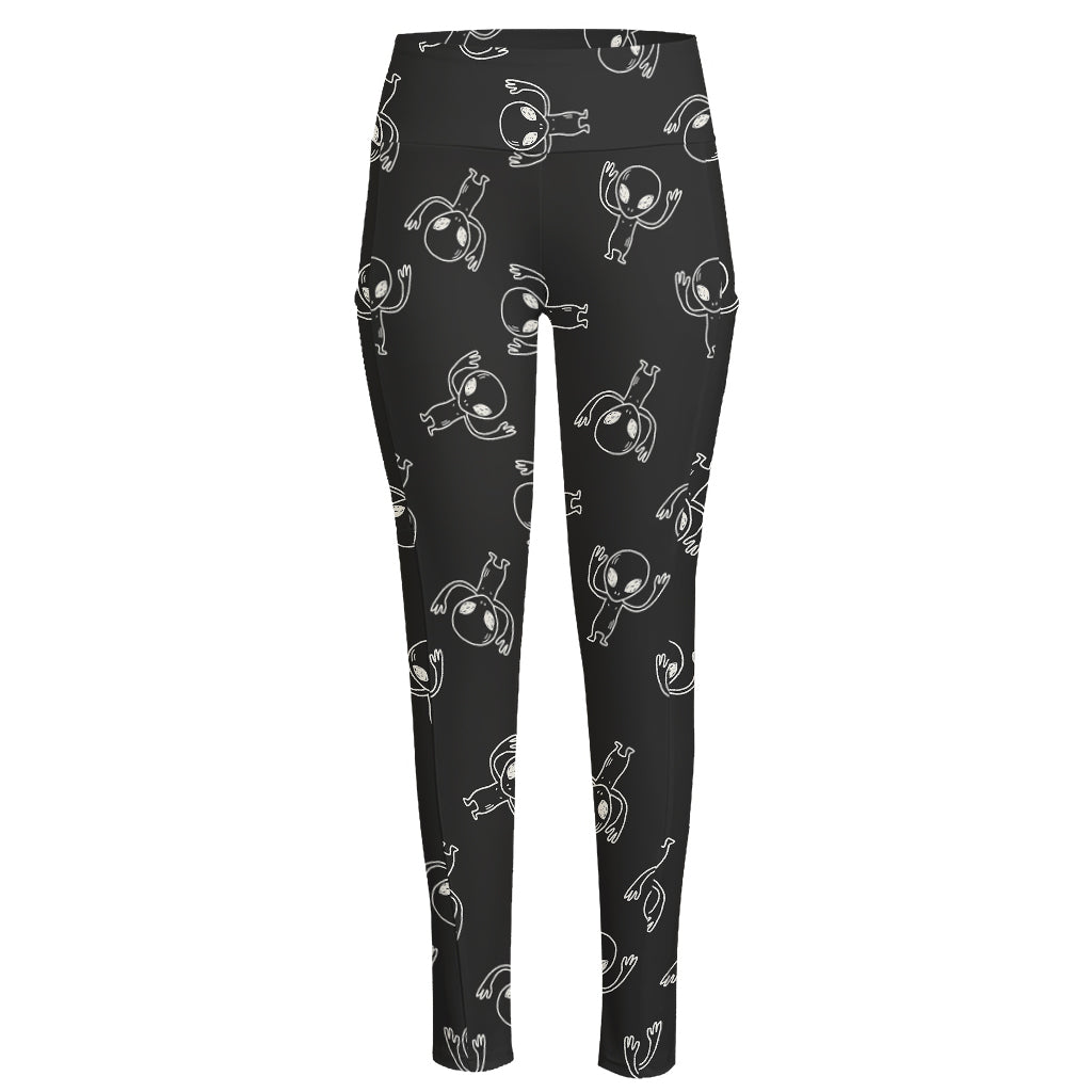 Black And White Alien Print High-Waisted Pocket Leggings