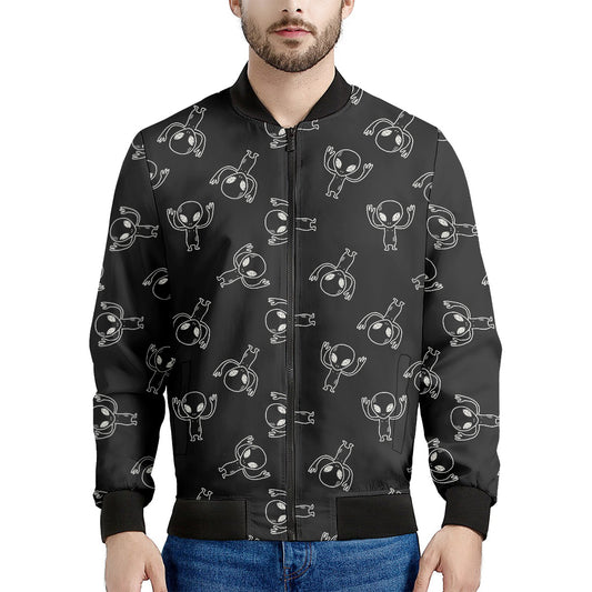 Black And White Alien Print Men's Bomber Jacket
