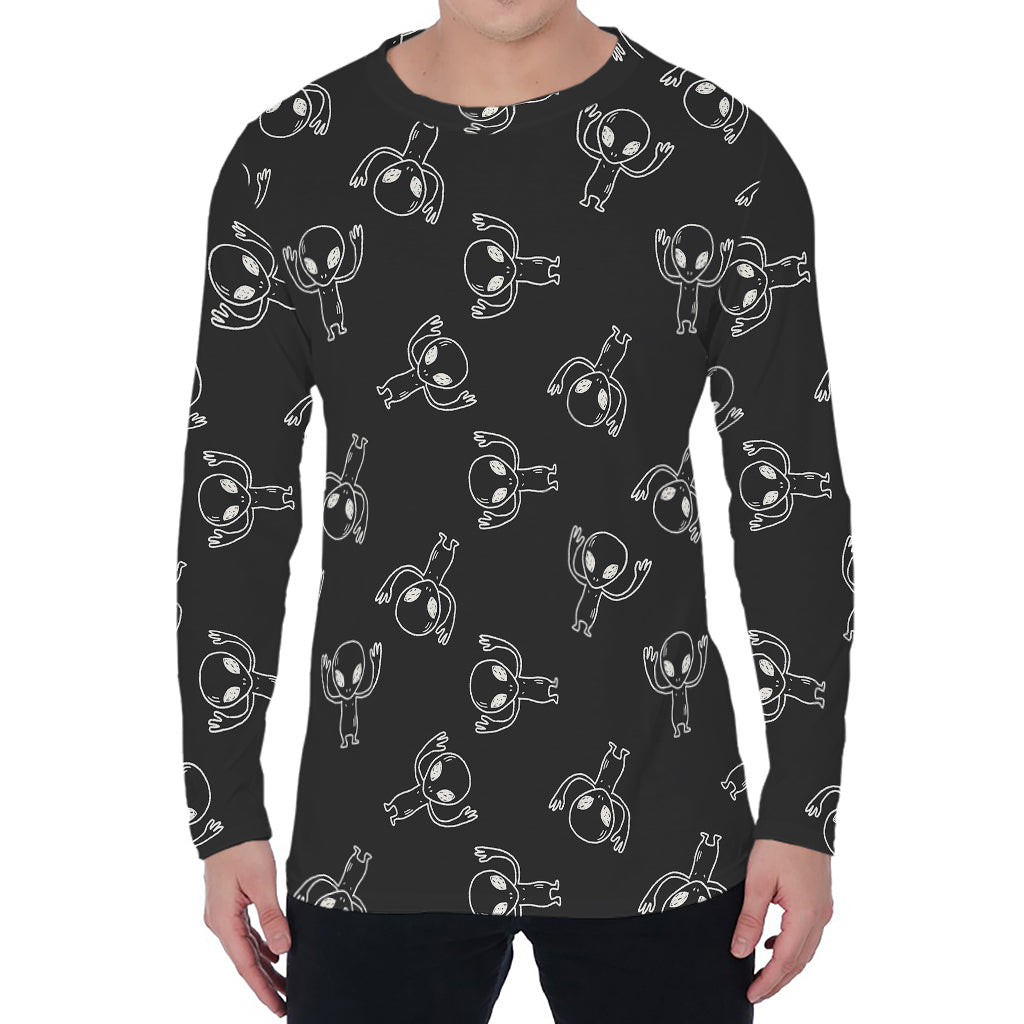 Black And White Alien Print Men's Long Sleeve T-Shirt