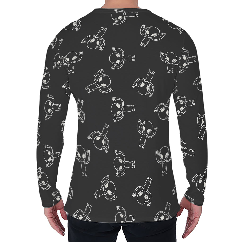 Black And White Alien Print Men's Long Sleeve T-Shirt