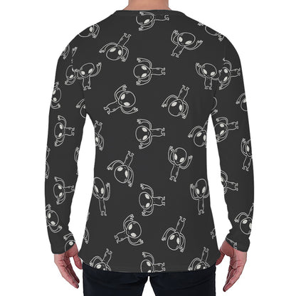 Black And White Alien Print Men's Long Sleeve T-Shirt