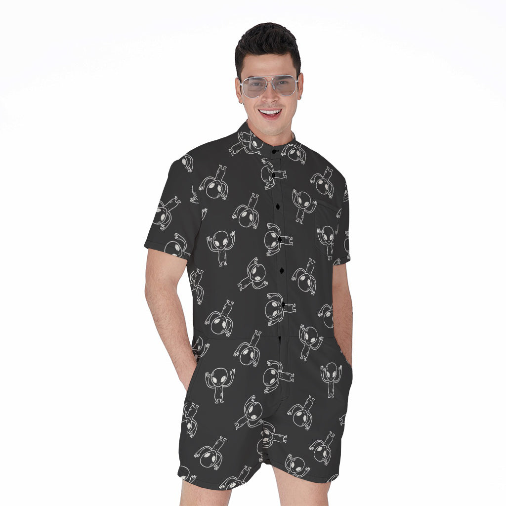 Black And White Alien Print Men's Rompers